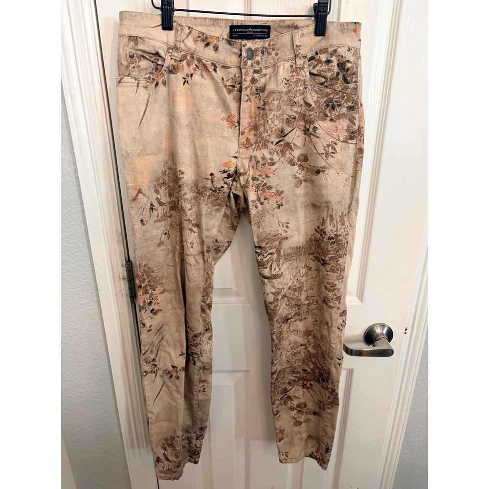Peruvian Connection Pants Tan Floral Landscape Print Stretch Cotton Slim Leg 8